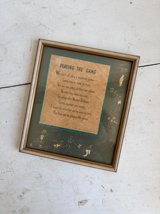 Vintage “Playing the Game” Framed Motto Print | Sports Poem Wall Art | Mid Century Locker Room Decor | Retro Athletic Motivational Sign