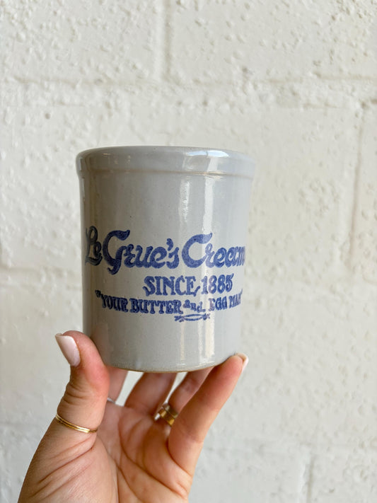 Vintage LeGrue’s Creamery Stoneware Crock | Rustic Farmhouse Kitchen Decor | Primitive Crock Vase | Dairy Advertising Crock
